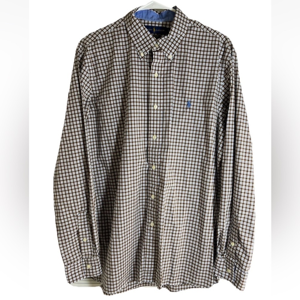 Ralph Lauren Men’s Cotton Stretch Button Down Shirt Sz L Brown Check Pony Preppy - Picture 2 of 11